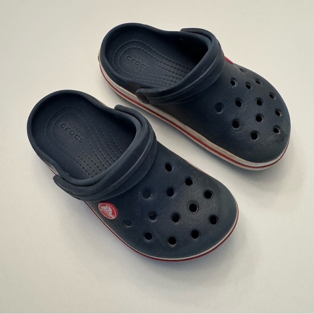 CROCS Kids Navy Blue Clogs with Red Trim